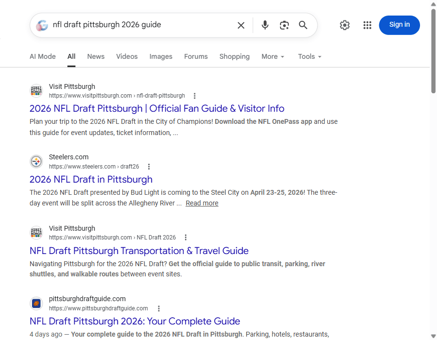 Google search results showing Pittsburgh Draft Guide ranking on page 1